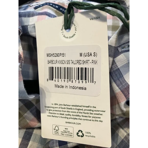 Barbour Kinson S/S Tailored Shirt Sz S Pastel Pink Multi-color Cotton